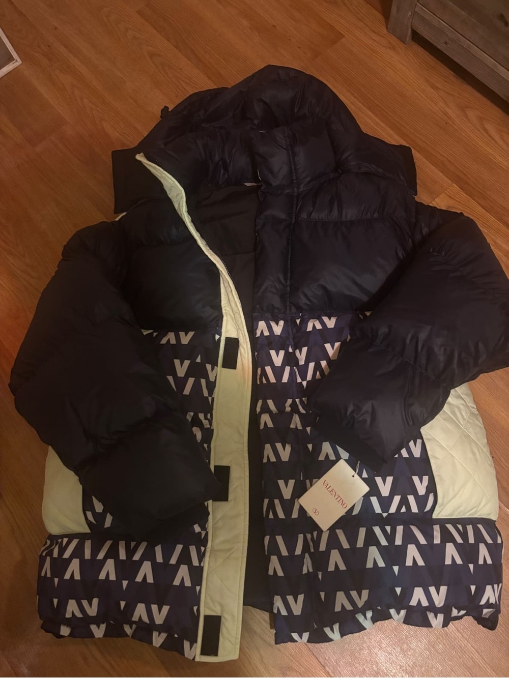 Valentino Navy and Cream Logo-Print Puffer Jacket